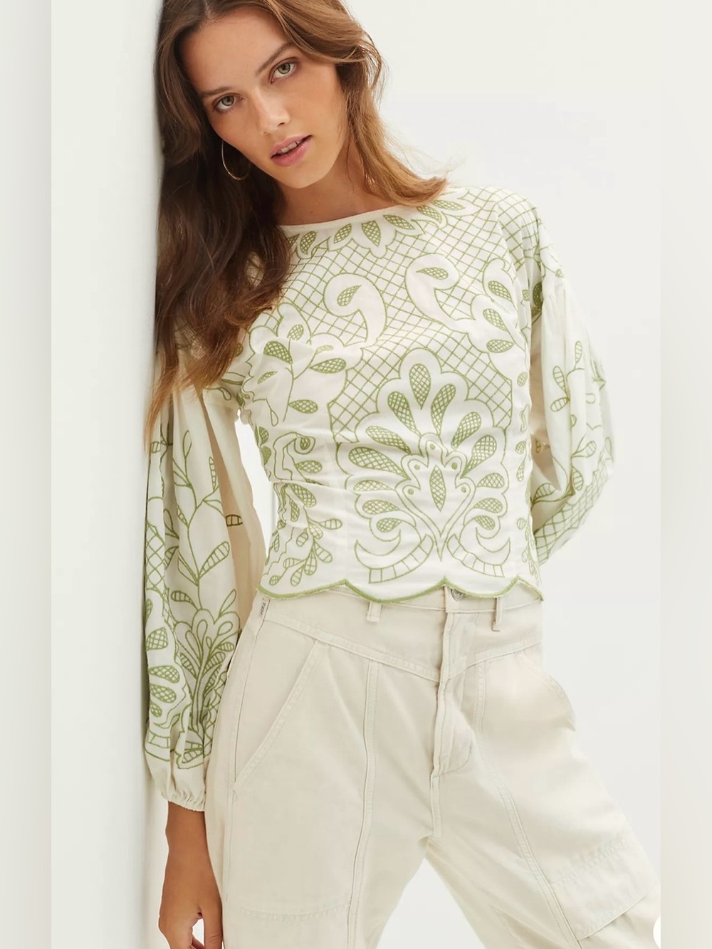Anthropologie Puff Sleeve Embroidered Blouse Size Large Cottagecore Boho
